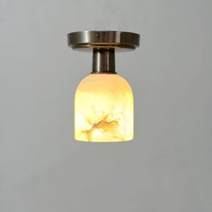 Puede incluir: Una moderna l&aacute;mpara de techo con acabado de lat&oacute;n. La luz tiene una pantalla redondeada y transl&uacute;cida con un brillo amarillo c&aacute;lido. La pantalla tiene un patr&oacute;n natural &uacute;nico con tonos marrones y dorados.