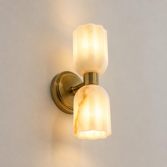 Antique Brass Alabaster Double Wall Sconce Lamp with Bathroom Vanity Light | Mid Century Modern Bedside Wall Lamp or Hallway Décor