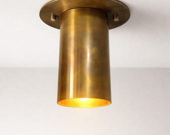 Brass Cylinder Flush Mount Ceiling Light | Modern Downlight Fixture, Hallway Kitchen Lighting