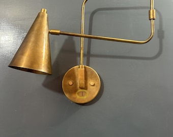 1950's Vintage Brass Swing Arm Wall Sconce: Mid-Century Modern Adjustable Lamp