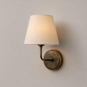 Antique Brass Wall Sconce, Cream Fabric Shade, Vintage Modern Classic Light Fixture