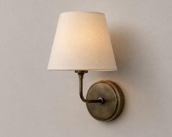 Antique Brass Wall Sconce, Cream Fabric Shade, Vintage Modern Classic Light Fixture