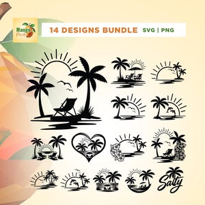 Op de afbeelding: Een verzameling van 14 zwart-witte ontwerpen met strandthema's, waaronder palmbomen, zonsondergangen en ligstoelen. De ontwerpen zijn in SVG- en PNG-formaten. De tekst "14 DESIGNS BUNDLE SVG | PNG" staat bovenaan.