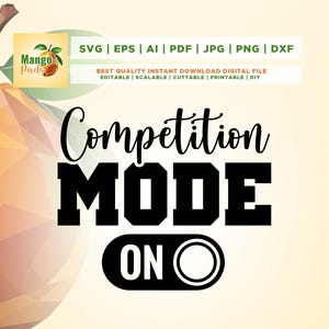Puede incluir: Diseño gráfico en blanco y negro con el texto "Modo Competición Activado" en negrita. El texto "Activado" se muestra con un círculo a su alrededor, que se asemeja a un interruptor.