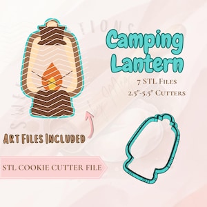 May include: A camping lantern cookie cutter design with a flame and the text "Camping Lantern". Includes 7 STL files and cutters ranging from 2.5 to 5.5 inches. Art files are included.