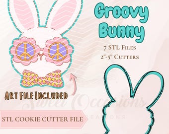 Groovy Bunny Cookie Cutter STL File – Retro Easter Rabbit, Peace Sign Glasses (Digital Download)