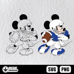 Könnte beinhalten: Eine Schwarzweißillustration von Mickey Mouse, der als Footballspieler verkleidet ist. Er trägt einen Helm, ein Trikot und eine Hose. Er hält einen Football in seiner rechten Hand und rennt mit dem linken Fuß nach vorne. Der Hintergrund ist weiß.