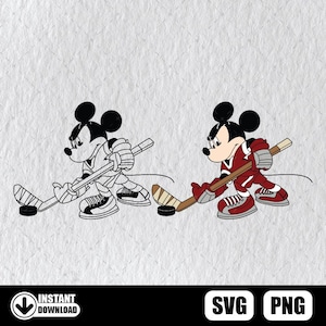 May include: Two images of Mickey Mouse playing hockey. One is a black and white outline, the other is in color, wearing a maroon hockey uniform and red shoes. Both images show Mickey with a hockey stick and puck.