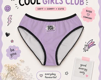 Braguitas de mujer color lavanda, GRL PWR Choose Happy Design, lencería Kawaii