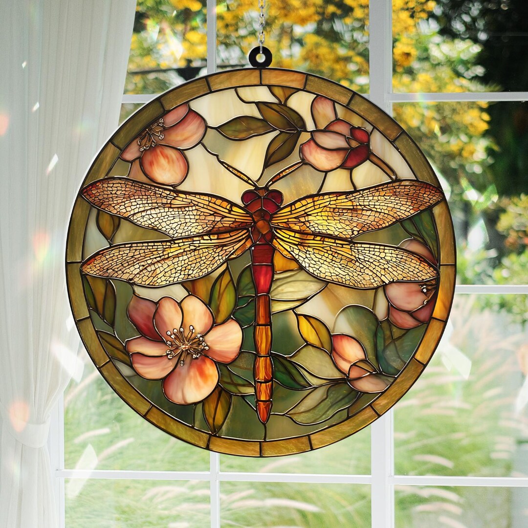 Dragonfly Memory Stained Glass Suncatcher, Floral Dragonflies ...