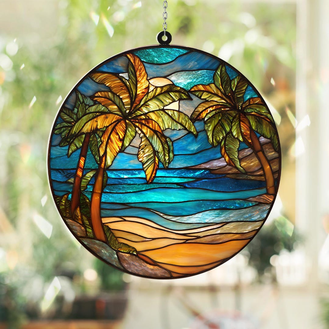 Tropical Beach Palm Tree Stained Glass Suncatcher, Ocean Sunset Window ...