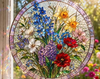 Atrapasueños de vidrieras con forma de flor de nacimiento personalizada y detalles en relieve 3D, ramo familiar para colgar en la ventana, regalo del Día de la Madre para mamá o abuela.