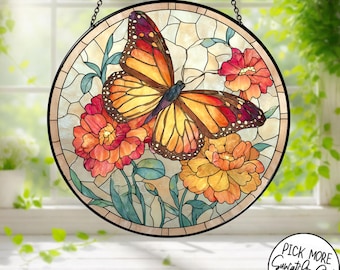 蝶のステンドグラスサンキャッチャー、モナークバタフライの窓飾り、花のガーデンデコレーション、カラフルな蝶のギフト