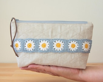 Quilted Cosmetic Bag: Crochet Granny Square Cotton Makeup Pouch