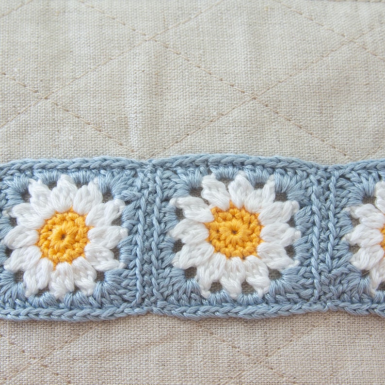 May include: A close-up of a crocheted border with blue and white daisy flowers. The flowers have yellow centers and are arranged in a repeating pattern.