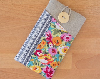 iPhone-hoes met bloemen, gewatteerd katoenen telefoonhoesje, met zakken