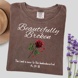 Beautifully Broken Christian PNG, Black and White Text, Psalm 34 Bible Verse, Brokenhearted Scripture Printable, Inspirational Rose Clipart