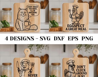 Funny Kitchen SVG Bundle for Engraving | Cat Pig Chicken Designs | Cutting Board Sayings | Dxf Eps Png Files | Laser Cut Clipart