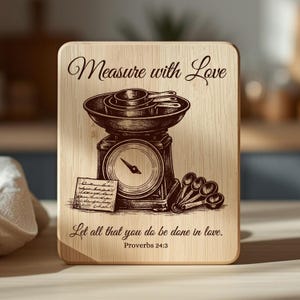Pode incluir: Tábua de corte de madeira com uma ilustração em estilo vintage de uma balança de cozinha, xícaras de medição e colheres. O texto diz "Measure with Love" e "Let all that you do be done in love. Provérbios 24:3."
