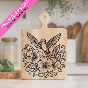 Hummingbird and Hibiscus SVG | Laser Engraving Line Art | Floral Bird Vector for Cricut, Tropical Botanical SVG | Wood Burning Design