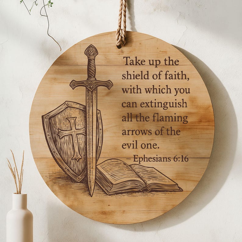 Trons sköld SVG för lasergravering | Efesierbrevet 6:16 Bibelvers träskylt | Christian Glowforge klippfil | Kommersiellt bruk bild 4