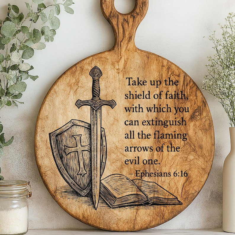 Trons sköld SVG för lasergravering | Efesierbrevet 6:16 Bibelvers träskylt | Christian Glowforge klippfil | Kommersiellt bruk bild 3