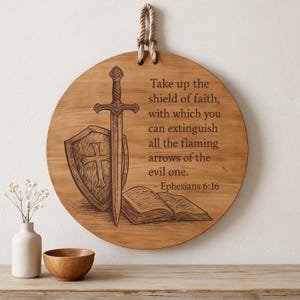 Trons sköld SVG för lasergravering | Efesierbrevet 6:16 Bibelvers träskylt | Christian Glowforge klippfil | Kommersiellt bruk bild 5