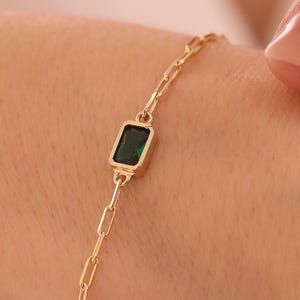 14K Gold Gemstone Chain Bracelet: Dainty Emerald, Ruby, Clear Gem