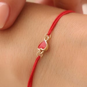 14K Solid Gold Red String Heart Bracelet: Minimalist Love Charm