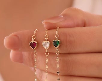 14K Gold Heart Charm Bracelet: Red, White, Green Zircon Dainty Chain