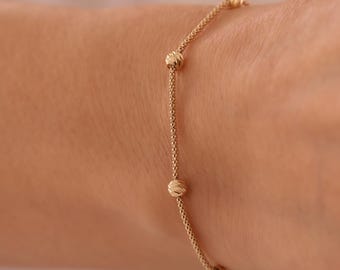 Handcrafted 14K Solid Gold Ball Bracelet: Adjustable Charm Bracelet