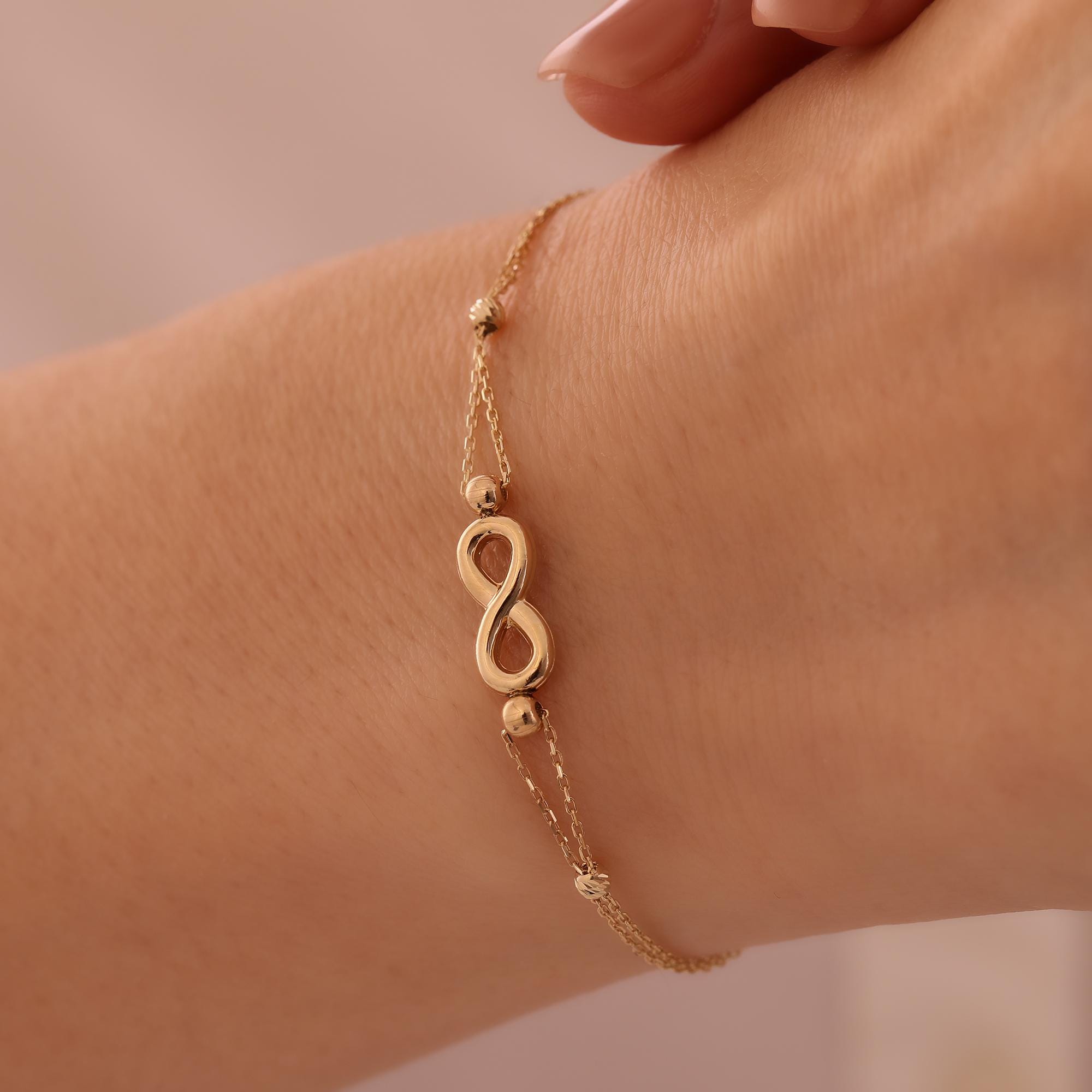 14K Gold Infinity Bracelet: Dainty Double Chain, Minimalist Jewelry