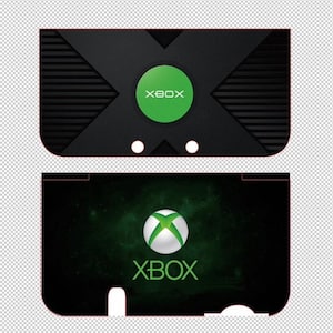 May include: Two Xbox console skins. The top skin is black with a green circle and the word XBOX in white. The bottom skin is black with a green and white Xbox logo and the word XBOX in white.