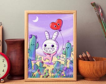 Kawaii konijn kunst aan de muur | Grillige konijntjesillustratie | Dromerige pastelposter | Afdrukbare directe download
