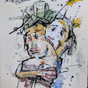 Gewicht van de stad – originele emotionele inkt en aquareltekening
