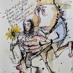De verlaten koning en de bloem van hoop – Originele emotionele inkt en aquareltekening