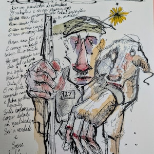 De herder: originele tekening met inkt en aquarel van Solitude