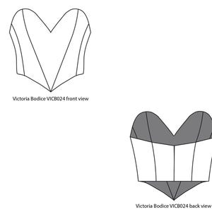 Può includere: Disegno a tratto nero e bianco di un modello di corpetto, vista anteriore e posteriore. La vista frontale ha uno scollo a forma di cuore. La vista posteriore ha una sezione superiore grigia. Testo: "Victoria Bodice VICB024".