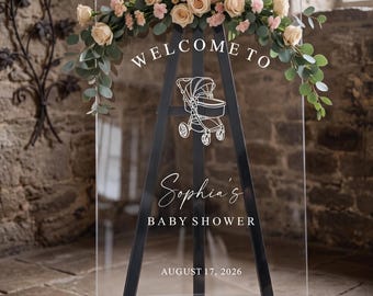 Acrylic Baby Shower Welcome Sign, Custom Clear Baby Shower Decoration, Personalized Mom to Be Signage, Elegant Stroller Welcome Board