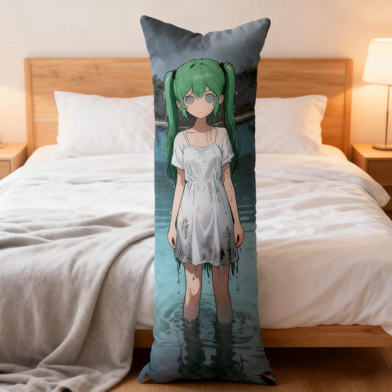 Op de afbeelding: Een lang, rechthoekig lichaamskussen met een illustratie in anime-stijl. De afbeelding toont een meisje met groen haar en een witte jurk dat in het water staat. Het kussen heeft een donkerblauwe lucht als achtergrond.