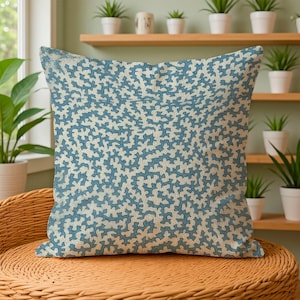 Sanderson Truffle Blue Clay Luxury Spotted Throw Pillow with Ruffle Trim, Designer Archive Print, Pinetum Collection Cottagecore Home Decor