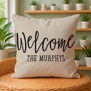 Welcome Print Throw Pillow, Housewarming and Wedding Gift Idea, Farmhouse Decor Cushion, Home Closing Present for Entryway Decor
