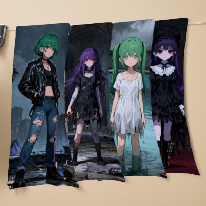 Op de afbeelding: Stoffen paneel met vier illustraties van anime-personages. De personages hebben groen en paars haar en dragen zwart-witte outfits. De achtergrond toont een donkere, regenachtige omgeving.