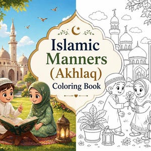 Peut inclure: Illustration colorée d'un "Livre de coloriage des bonnes manières islamiques (Akhlaq)" avec des enfants lisant et interagissant. L'image comprend du texte et une mosquée en arrière-plan. Le livre de coloriage présente les bonnes manières.