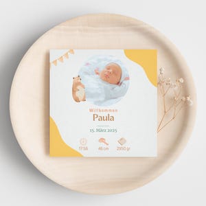 Tarjeta de bebé personalizable – tarjeta de nacimiento con foto y nombre | Tarjeta de agradecimiento por nacimiento | Descarga digital + plantilla para imprimir | Impresión en dm