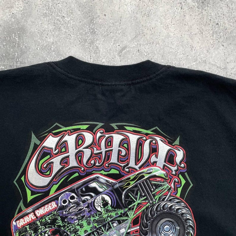 Vintage 2005 Grave Digger Race Team grafisch T-shirt zwart maat L afbeelding 15