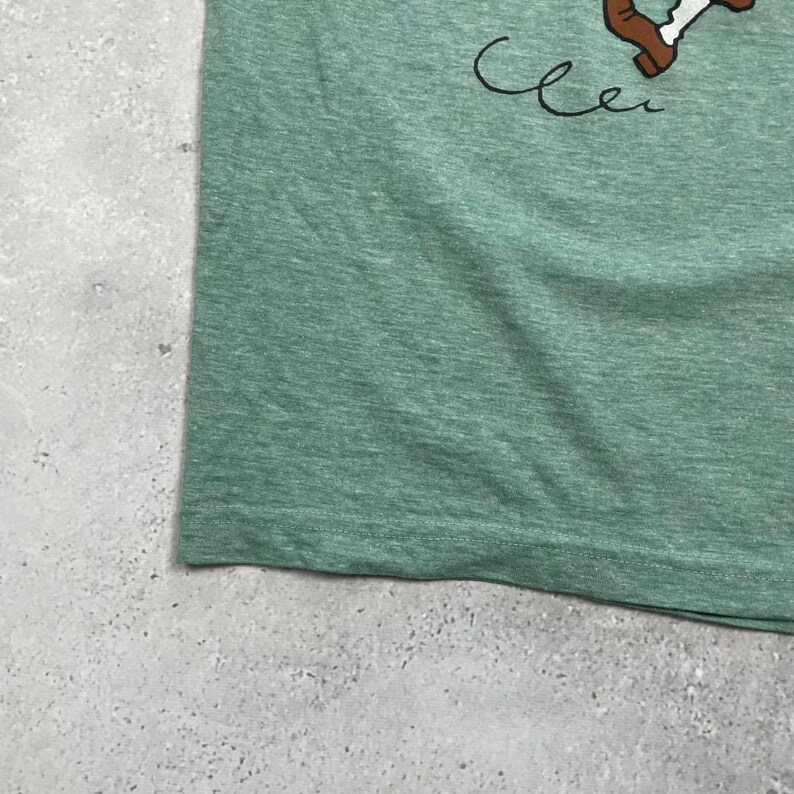 Pu&ograve; includere: T-shirt verde con grafica di un personaggio dei cartoni animati. Il personaggio &egrave; marrone e bianco. La parola "Cle" &egrave; scritta in corsivo con inchiostro nero.