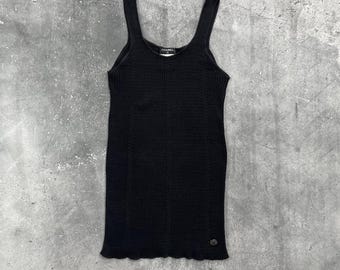 Canotta senza maniche a coste vintage Chanel con logo da donna, nera, taglia 36