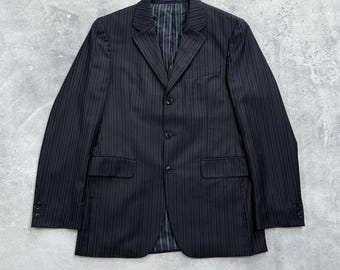 Blazer vintage de lana a rayas con tres botones de Kenzo Homme, color azul marino, talla 50.