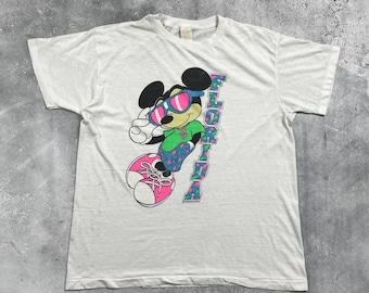 Camiseta vintage de los años 80 con Mickey Mouse Florida Walt Disney de punto único, blanca, talla M/L